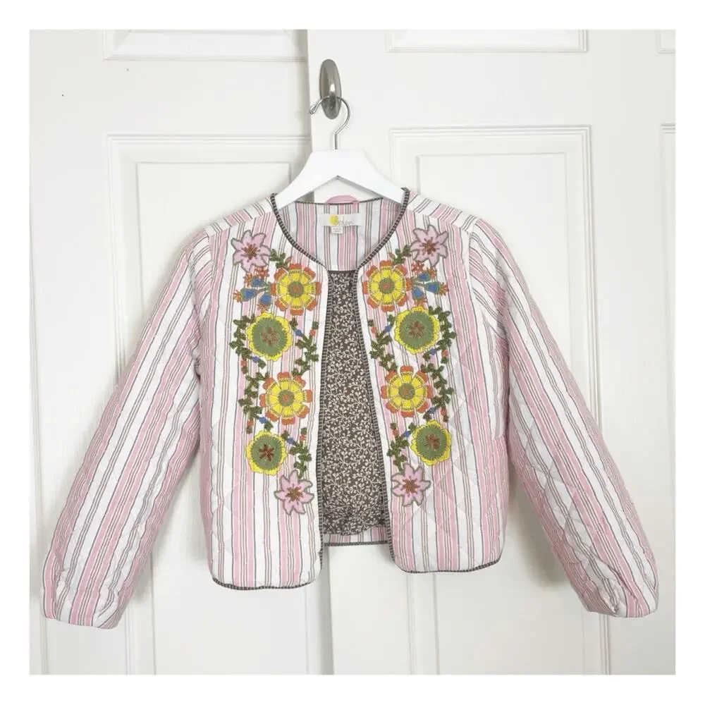 Boden Striped Embroidered Quilted Jacket Beaded Pink Crop Length Sz XS - Picture 3 of 13